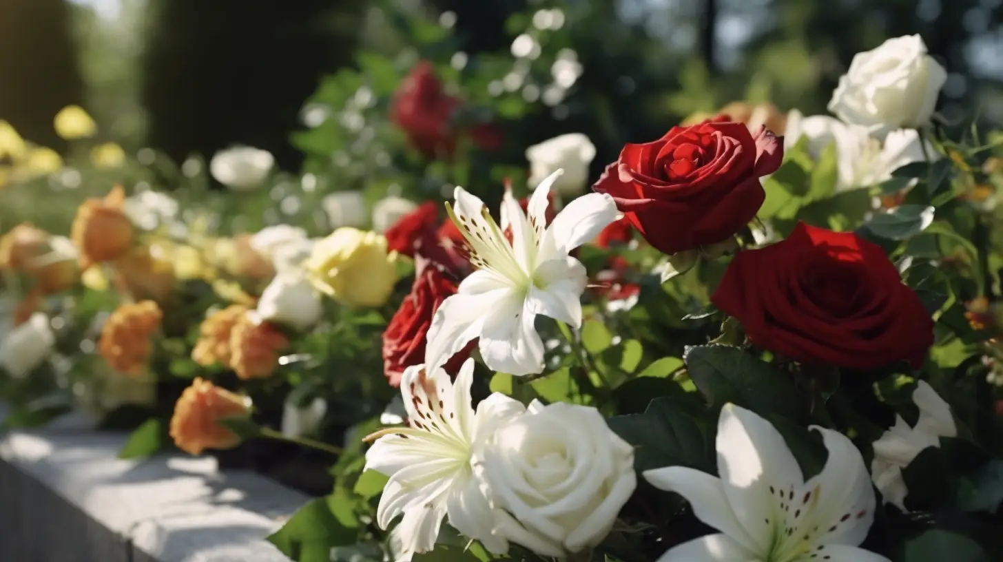 Roses rouges, roses blanches, Lys et Chrysanthèmes sur une pierre tombale